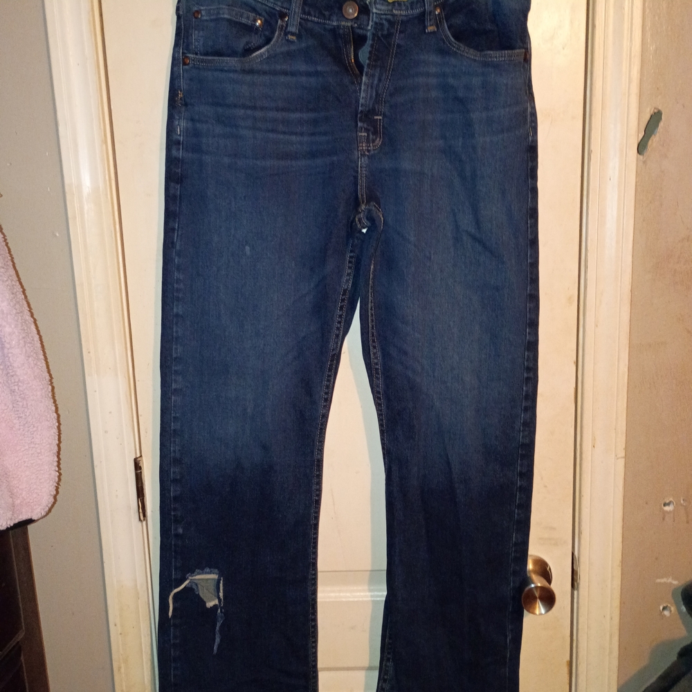 Dark Blue Distressed Straight-Leg Jeans
